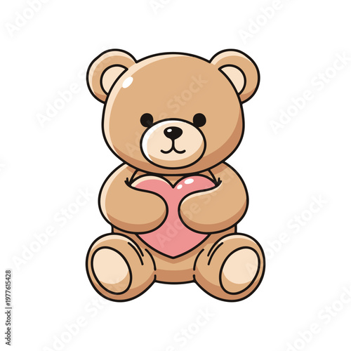 Sweet and cuddly cartoon teddy bear, rendered in a charming vector style, lovingly holds a vibrant pink heart, representing warmth, affection, and gentle emotions