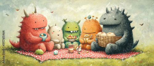 Colorful cartoon monsters sitting on a picnic blanket enjoying snacks and drinks in a grassy outdoor setting with a cloudy sky and small flying insects
