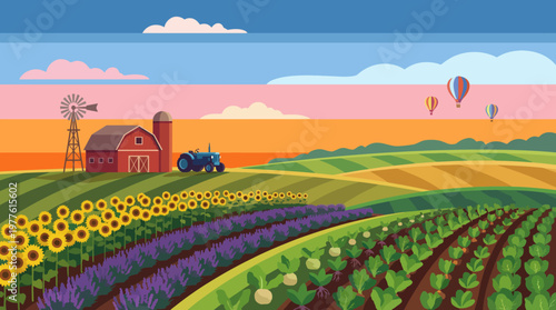 A vibrant farm landscape featuring fields of sunflowers, a red barn, and a blue tractor, embodying rural beauty and agricultural life, inspired by nature's bounty.
