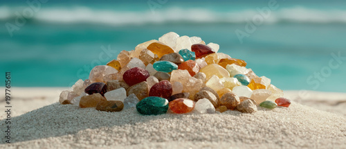 Gemstone sand island on beach with colorful crystal pebble mound near turquoise sea and blurred horizon