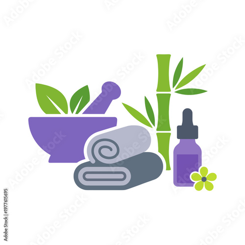 A collection of wellness spa elements including towels, bamboo, and essential oils promoting relaxation and self-care, embodying tranquility and holistic well-being.