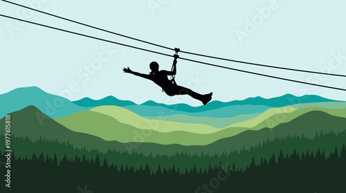 A silhouette of a person ziplining over lush green hills creates a thrilling and adventurous atmosphere, showcasing the beauty of nature and outdoor recreation.