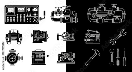 Collection of industrial tools and machinery icons.