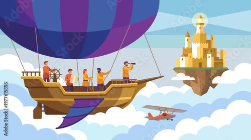 A whimsical hot air balloon floats amidst the clouds, showcasing a charming crew of explorers. Their adventure leads them to a fantastical floating castle in the sky.
