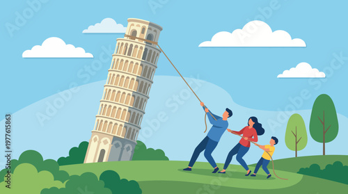 A playful family effort to pull the Leaning Tower of Pisa upright is depicted in this whimsical illustration, mixing fun and creativity with iconic landmarks in a lively environment.