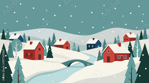A picturesque winter scene featuring charming homes nestled in snowy hills, adorned with pine trees, capturing the essence of a peaceful, festive season.