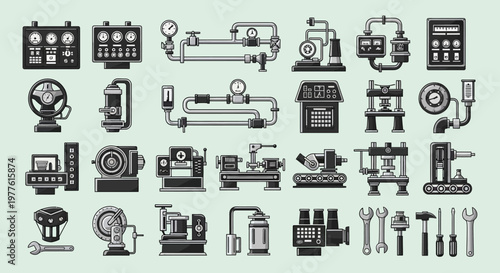 Collection of industrial tools and machinery icons.