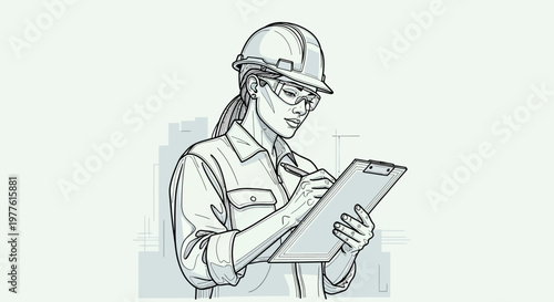 A female engineer in a hard hat reviews documents on a clipboard.
