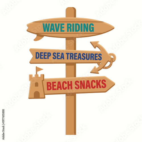 This bright and cheerful signpost at the beach features fun activity options like 'Wave Riding' and 'Beach Snacks,' evoking a sense of adventure and enjoyment by the sea.
