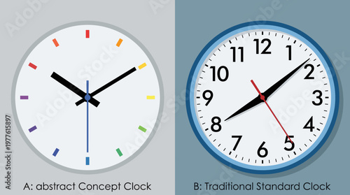 This image presents a colorful abstract clock design featuring unique markers, illustrating the passage of time through artistic representation and vivid colors.