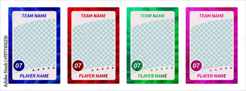 Sports trading card template collection. Vector frames for football, soccer, basketball, hockey and volleyball player photos, modern flyer layout elements on white background
