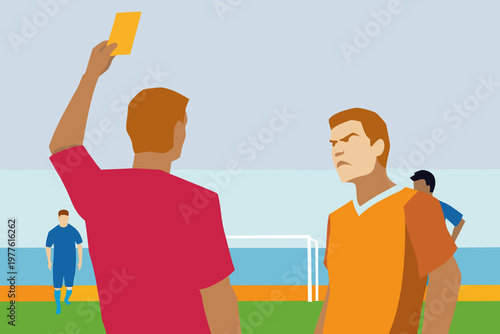 Soccer players during a match with a player receiving a yellow card