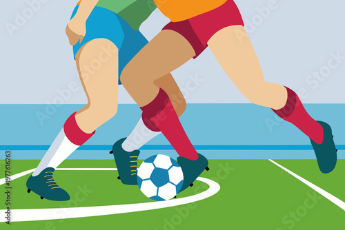 Soccer players compete for the ball on the field during a match