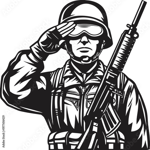 Dedicated armed forces soldier in full uniform renders a precise salute carrying a powerful service rifle