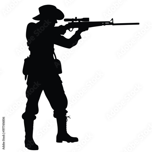 Skilled military operative aiming modern assault rifle with advanced scope for strategic combat