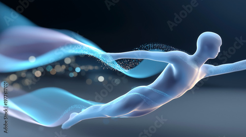 Abstract human figure flowing with light trails and particles representing energy movement and futuristic technology concept