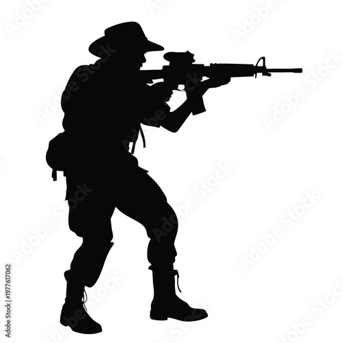 Military soldier aiming an assault rifle with precision scope on an important mission