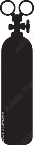 Black silhouette of a medical oxygen tank with regulator and valves also transparent background, medical equipment