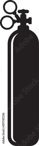 Black silhouette of a scuba diving oxygen tank with regulator and gauges also transparent background