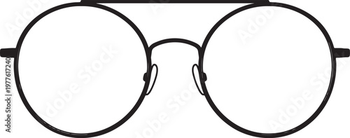 Black wire-rimmed round eyeglasses with clear lenses, close-up front view also transparent background