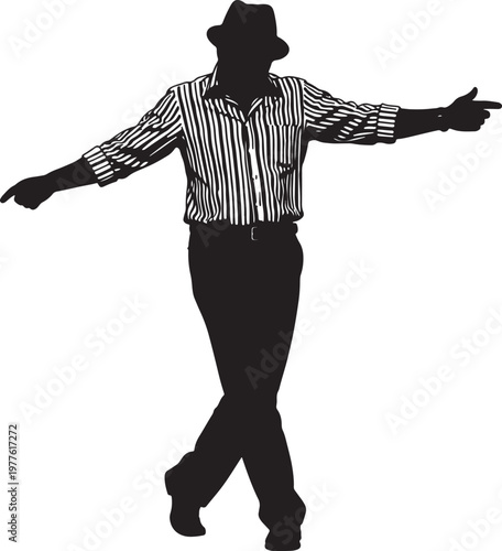 Silhouette of a man in a striped shirt and fedora hat, pointing in two directions also transparent background