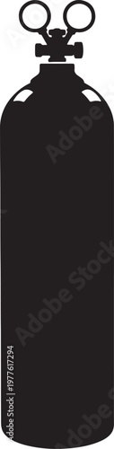 Black silhouette of a scuba diving oxygen tank with regulator and valves also transparent background