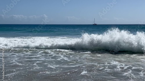 Blick auf den Atlantik bei windigem Wetter vom Strand von Jandia , Insel Fuerteventura, aus 