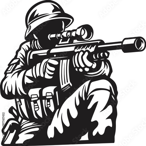 Powerful graphic illustration of a soldier in combat gear kneeling and aiming a scoped assault rifle
