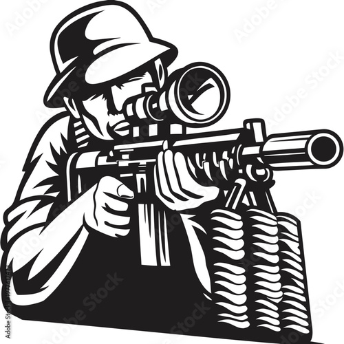 Vintage style illustration depicting a soldier in a hat aiming a high powered scoped rifle