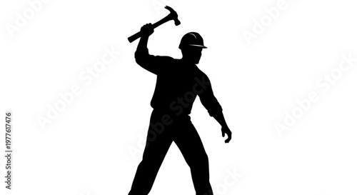 Black silhouette construction worker, laborer with hammer, industrial icon, worker symbol