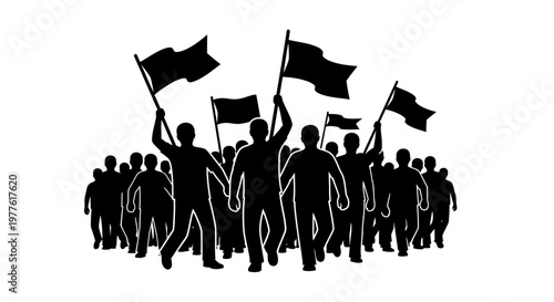 Protest, demonstration, crowd, people, black silhouettes, flags, activism, social movement