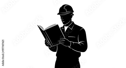 Construction worker, engineer, or architect reading a book or blueprint, black silhouette icon