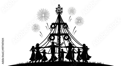 Maypole dance, traditional folk celebration, black silhouette illustration, festive decorations, cultural event