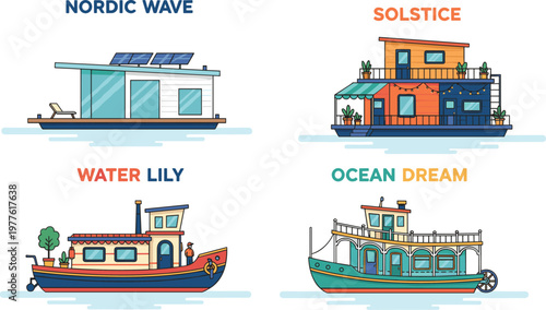 Modern houseboat collection with solar powered Nordic Wave Solstice Water Lily and Ocean Dream designs