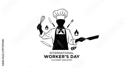 International Worker's Day, Labor Day, Chef, Cooking, Black and White Icon