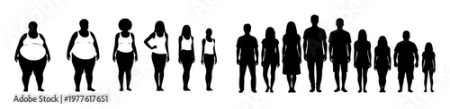  World Obesity Day Human Silhouette Set, Minimal Black and White Full Body Figures Illustration