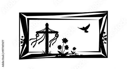 Easter, cross, dove, flowers, black and white vector illustration, religious symbol, spring elements
