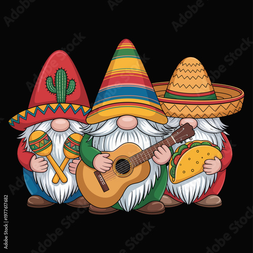 Three gnomes wearing colorful sombreros are featured. Each gnome holds a Mexican-themed item, including maracas, a guitar, and a taco.