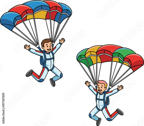 Skydivers in mid-air with vibrant red blue and green parachutes for extreme sports and adventure travel
