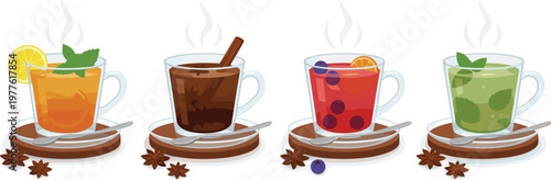 Steaming hot beverage set with herbal tea citrus mint hot chocolate and matcha in glass mugs