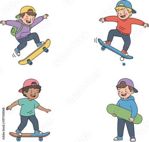 Young boys skateboarding character set with children performing tricks balancing and carrying skateboards