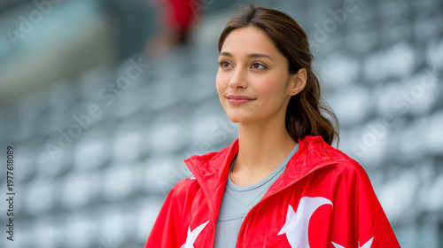 Confident young woman in red jacket standing in stadium representing sports fan pride and national support
