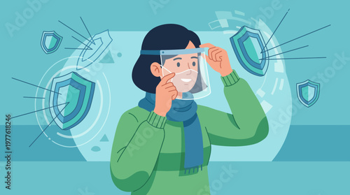 A smiling individual adjusts their protective face shield, highlighting personal care and health awareness in a contemporary setting amidst digital elements.