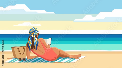 A tranquil scene of a woman lounging at the beach, reading a book and basking in the sunshine, epitomizing relaxation and the joy of seaside leisure.