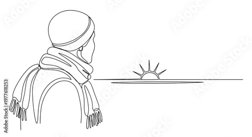 Continuous line drawing of person in scarf and hat watching sunrise over water