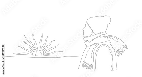 Woman in Winter Hat and Scarf Watching Sunrise, Minimalist Line Art