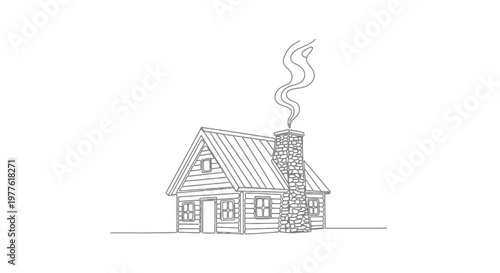Cozy Log Cabin with Chimney Smoke - Minimalist Line Art