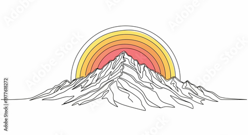Minimalist mountain sunrise line art, vibrant gradient sun