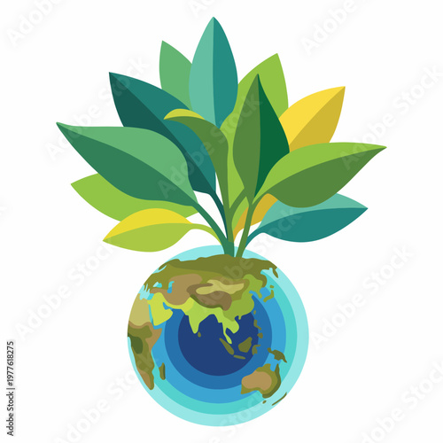 Conceptual artwork featuring a globe sprouting vibrant leaves, symbolizing the planet's health and the importance of environmental care and sustainability.