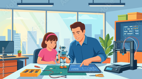 A heartwarming scene of a father helping his daughter create a robot, showcasing the importance of learning, creativity, and bonding through hands-on activities.